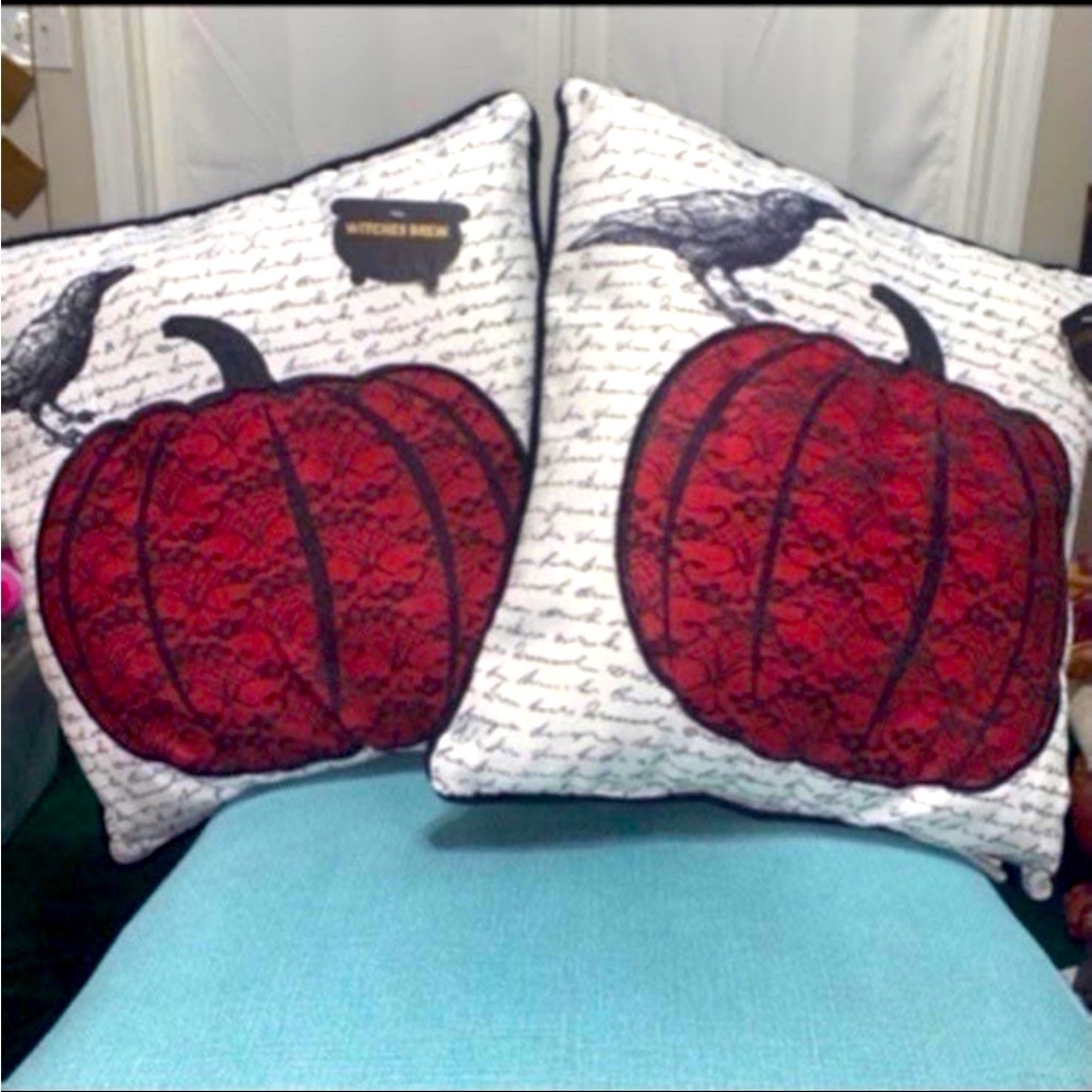 Set of 2 - Halloween Gothic Raven Laced Red Pumpkin Pillows 20”x20”